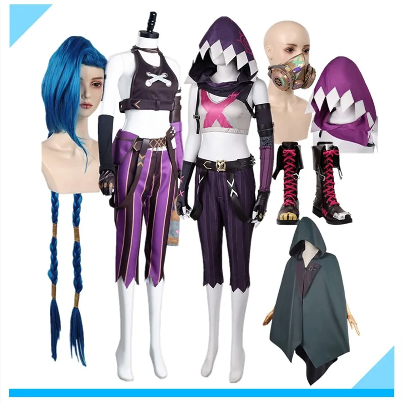 Jinx Cosplay LoL Costume Arcane Fantasia Women Hooded Cloak Belt Gloves Wig Shoes Boot Outfits Halloween Carnival Party Suit