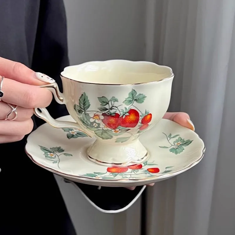 Coffee Cups and Saucers with Strawberry Pattern,Ceramic Bone China with Spoon,Tea Pot Plate Bowl, Sold Separately, Wedding Gifts