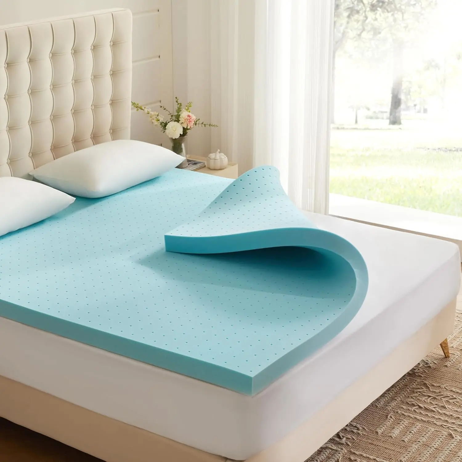 

2 H Memory Foam Mattr Topper Queen, Mattr Pad Gel Infused Foam Bed Topper, Ventilated Soft Blue,Queen Size