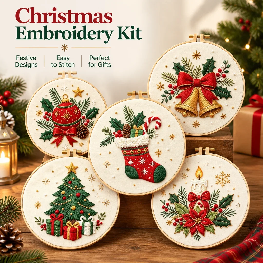 Christmas Embroidery Kit with EN Instruction Thread Stamped Cloth with Holiday Pattern for New Year DIY Gift