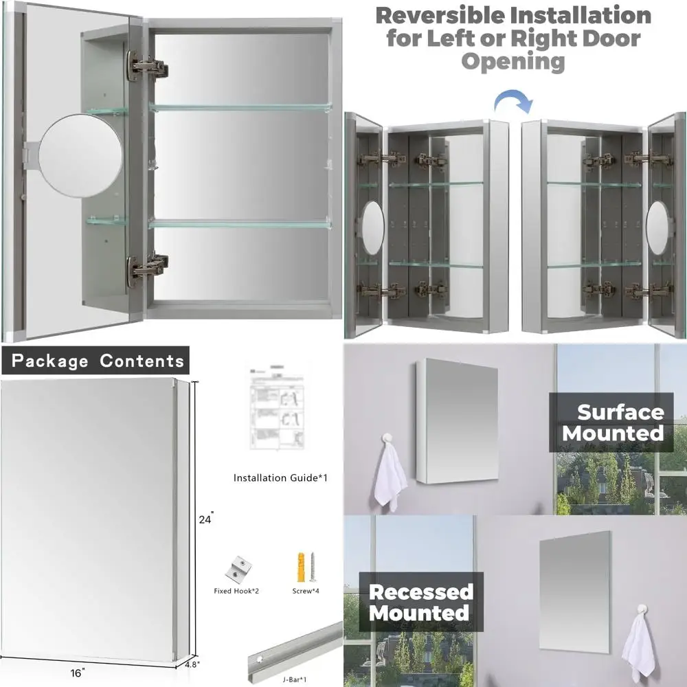 Medicine Cabinet with Mirror，3X Movable Magnifier，16 X 24 Inch，Recessed Bathroom Medicine Cabinet with Mirror，2 Adjustable Shelv