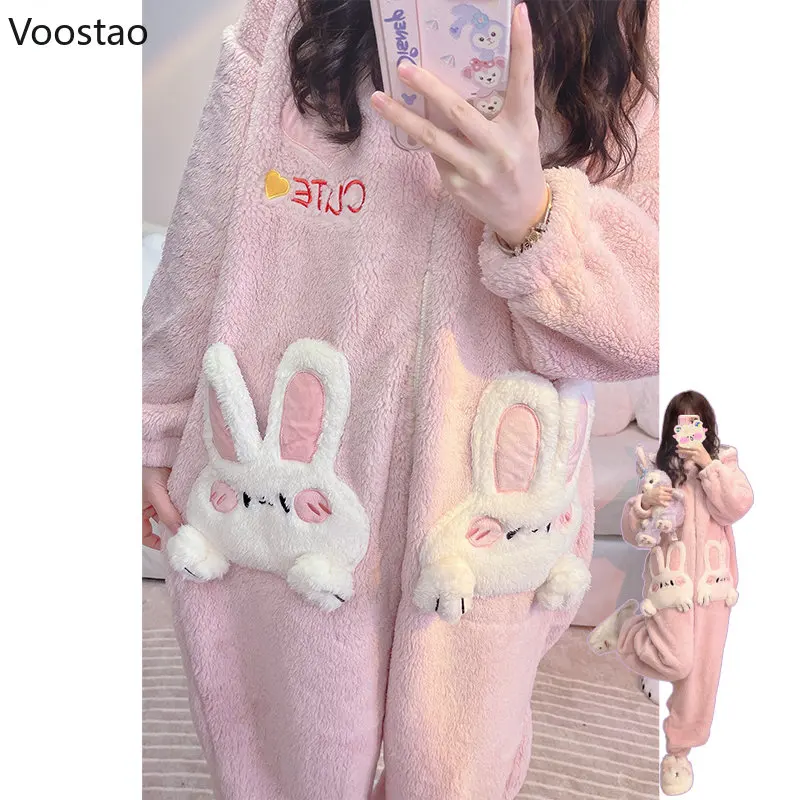 Autumn Winter Women Cute Lolita Princess Onesies Pajamas Coral Fleece Warm Cartoon Bunny Ear Hooded Sleepwear Sweet Homewear