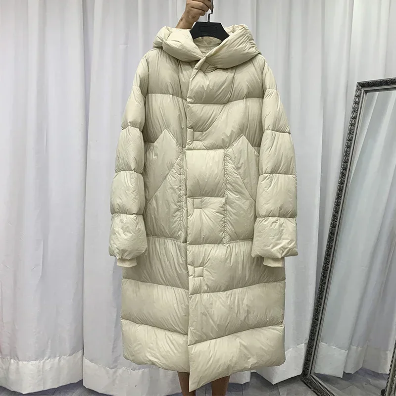 Lagabogy 2024 Winter Women 90% White Duck Down Long Jacket Female Hooded Warm Outwear Solid Color Casual Loose Belt Puffer Coat