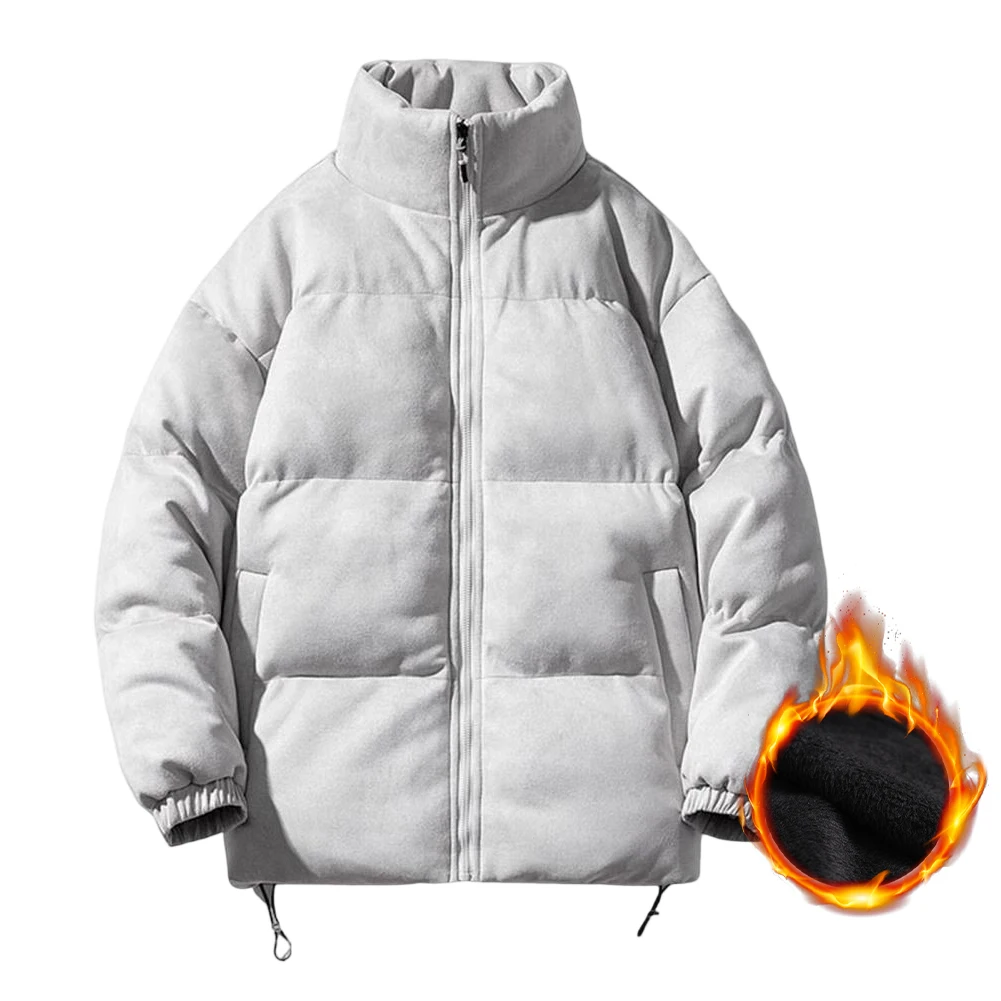 Men Parkas Stand Collar Drawstring Hem Suede For Jacket Oversize Warm Solid Coat