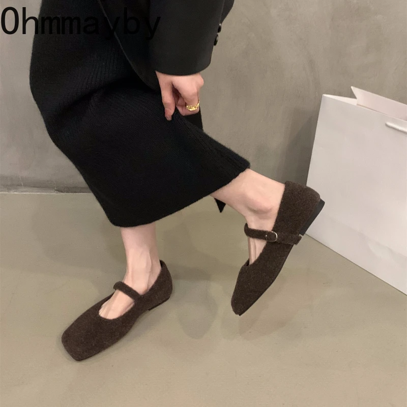 Autumn Woolen Fur Women Cotton Flats Shoes Concise Outdoor Soft Sole Shoes Ladies Comfort Square Toe Warm Mary Jane Shoes