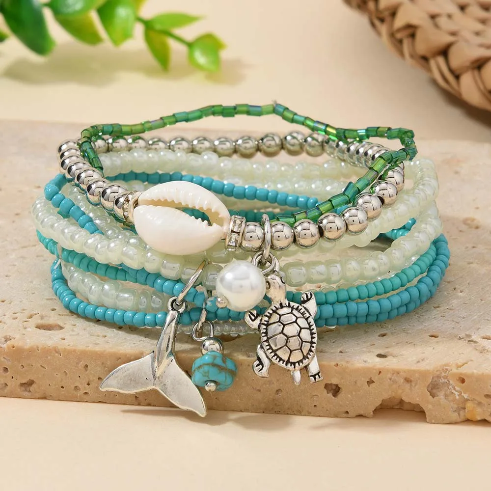 Bohemian Ocean Turtle Shell Charm Stackable Bracelet Set Sea Element Summer Beach Hand Jewelry Accessory Boho Beaded Wrist Chain