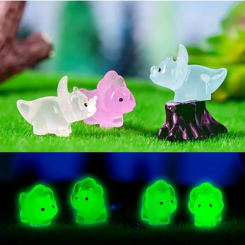 10Pcs Noctilucent Dinosaur Resin Miniature Figurines Luminous Triceratops Moss Microlandscape Decoration Fairy Garden Home Decor