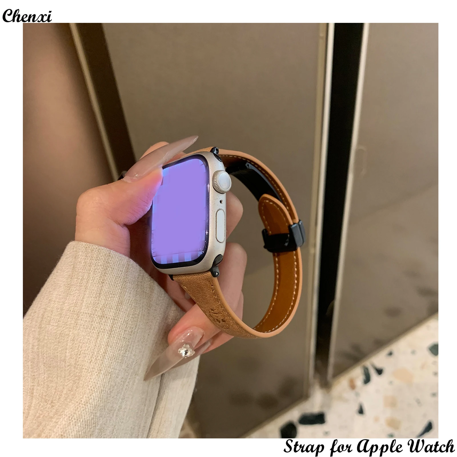 Bracelet en cuir pour Apple Watch, Bracelet chat mignon, Bracelet JOwith Iwatch98765SE Ultra40, 41mm, 44mm, 45mm, Structure magnétique pour femme