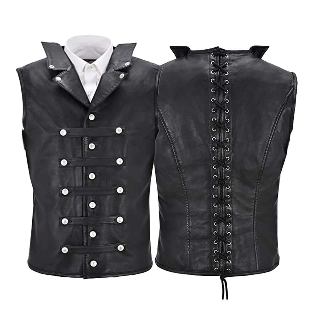 Men'S Retro Leather Vest Single-Breasted Button Solid Sleeveless Top Steampunk Medieval Palace Knight Vest Riding Hip-Hop Jacket