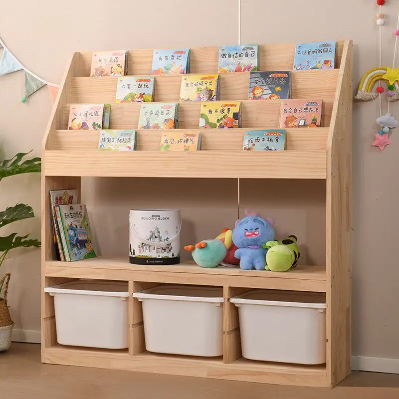 Picture book rack Solid wood movable reading area Floor to wall Toys 2-in-1 storage Fabric art Children's bookshelf