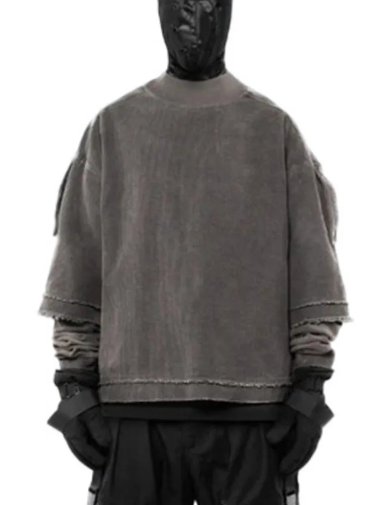 Dirty Dyed Distressed Trendy Pullover Men's Long Sleeve Washed Fake Two-Piece T-Shirt 2026 Spring New 2SIWT