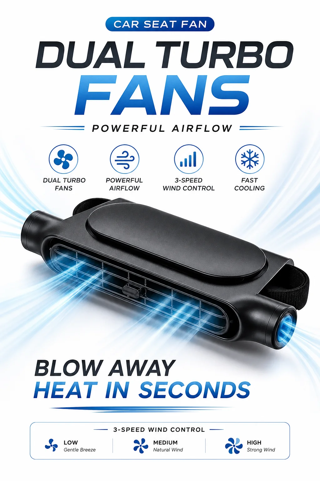 2026 New Upgrade 3000mAH Car Cooling Fan For Backseat 3 Speeds Portable Car Seat Headrest Fan Electric Car Seat Fan For