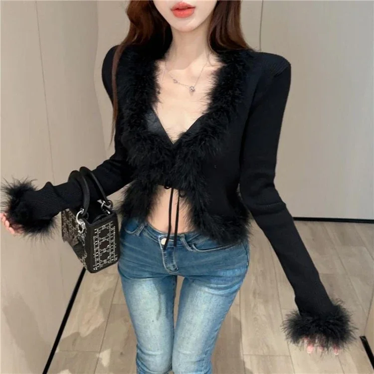 Fashion Street V-neck Lace Up Cardigan Coat Women 2024 New Slim Fit Tops Mujer Y2k Grunge Long Sleeve Black All-match Sweaters