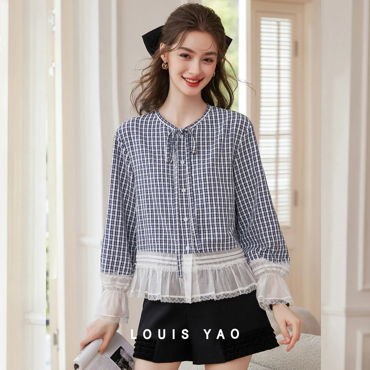 LOUIS YAO Plaid Spliced Ruffle Women's Blouse 2026 Spring Autumn Elegant Cardigan Round‑Neck Long‑Sleeve Shirt for Women
