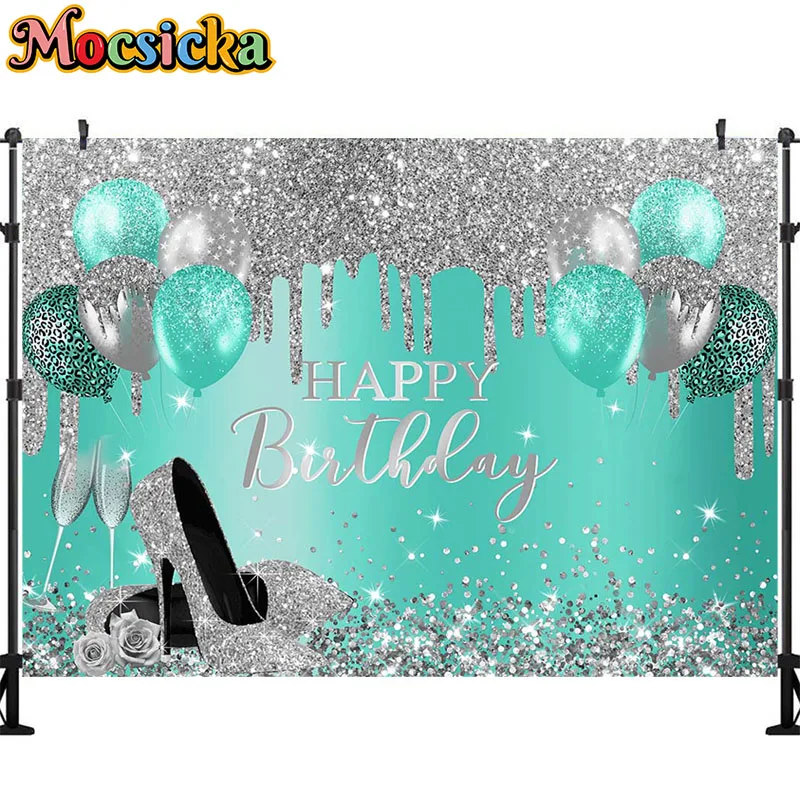 Mocsicka Adult Happy Birthday Backdrop Pink Balloons Women Birthday Party Background Decor Glitter Sliver High Heels Dots