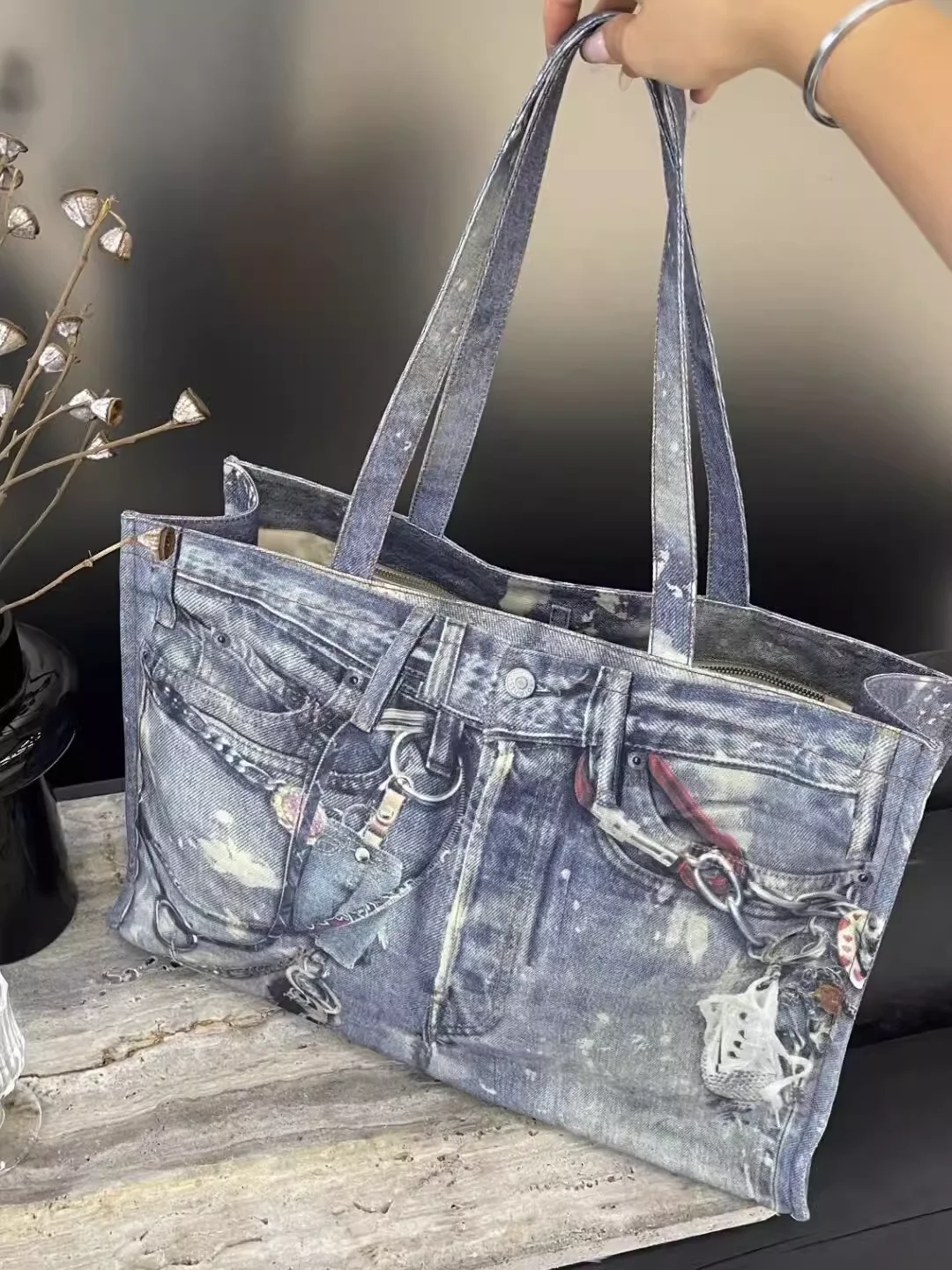 Bolso de hombro de mezclilla con estampado creativo de colores mezclados, bolso de mano de bolsillo de Jeans novedoso personalizado, bolso de compras de retazos Popular para mujer