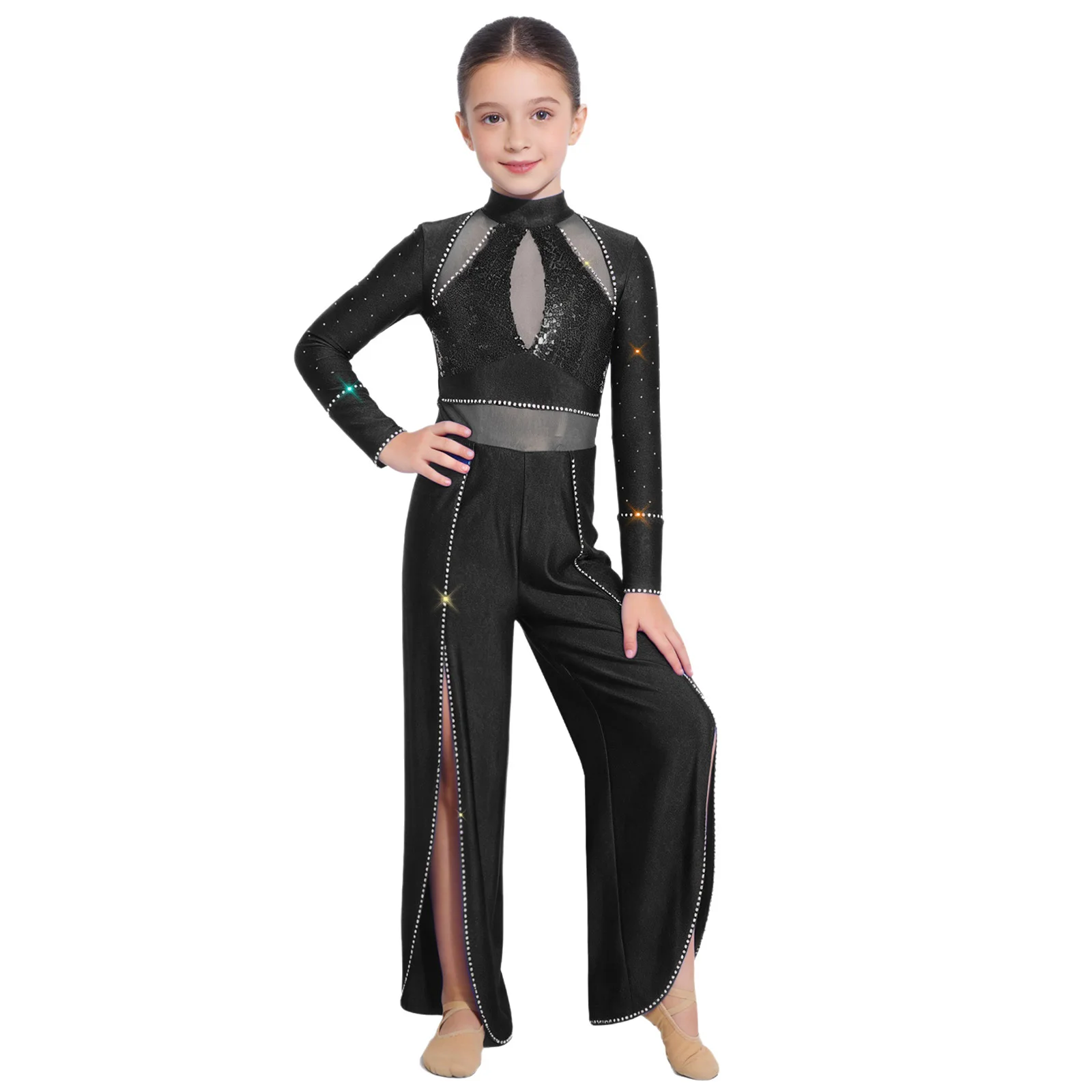 

Kids Girls Lyrical Dance Costume Shiny Rhinestones Sequins Mesh Patchwork Jumpsuit Mock Neck Wide Leg Bodysuit Ballet Dancewear