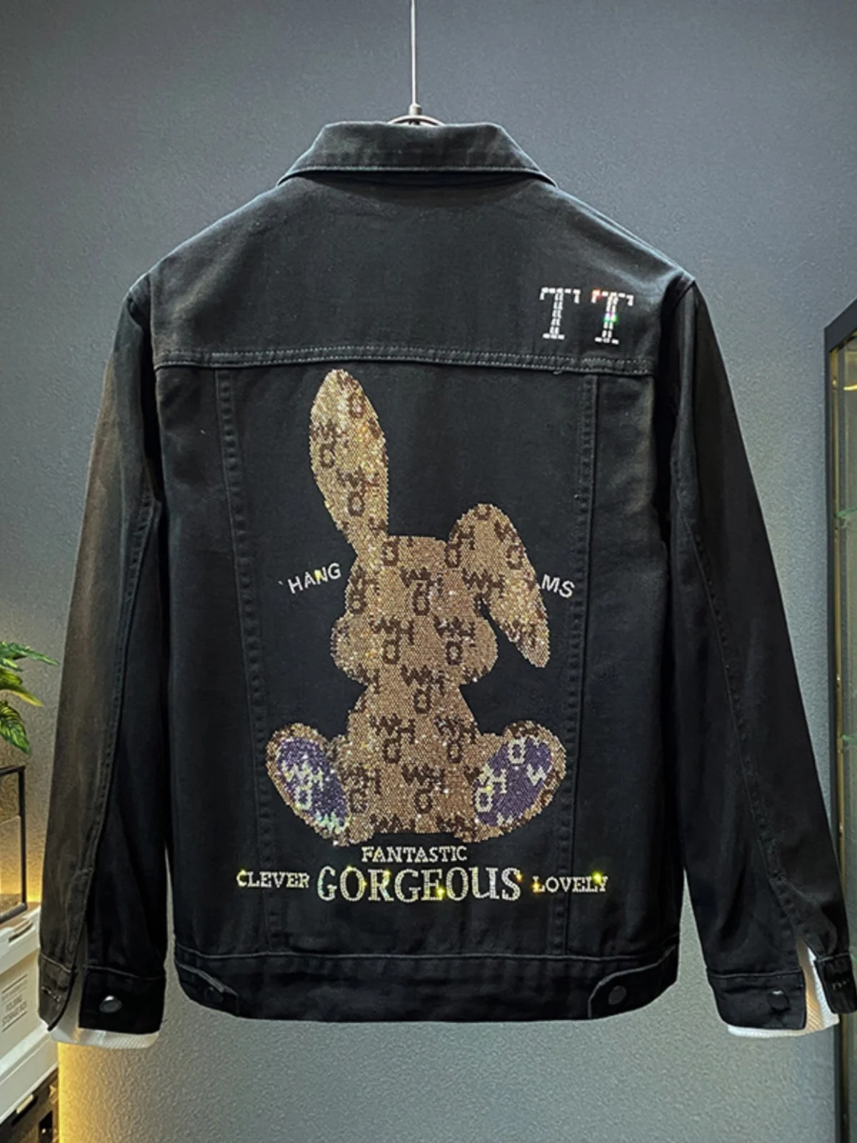 

Мужская джинсовая куртка с вышивкой в американском стиле Sle Rabbit, свободный крой, осенне-зимний новый модный повседневный топ с бриллиантами