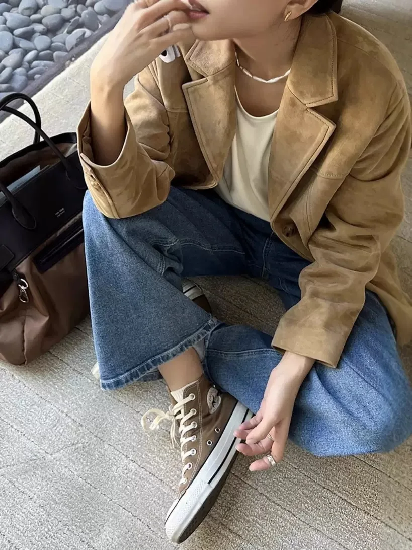 Retro-Anzugmantel aus Nubuk-Wildleder für Damen, 2025, Herbst-Winter, echte Kuh-Wildlederjacke, Vintage-Kaffee, übergroße Jacke, Oberbekleidung