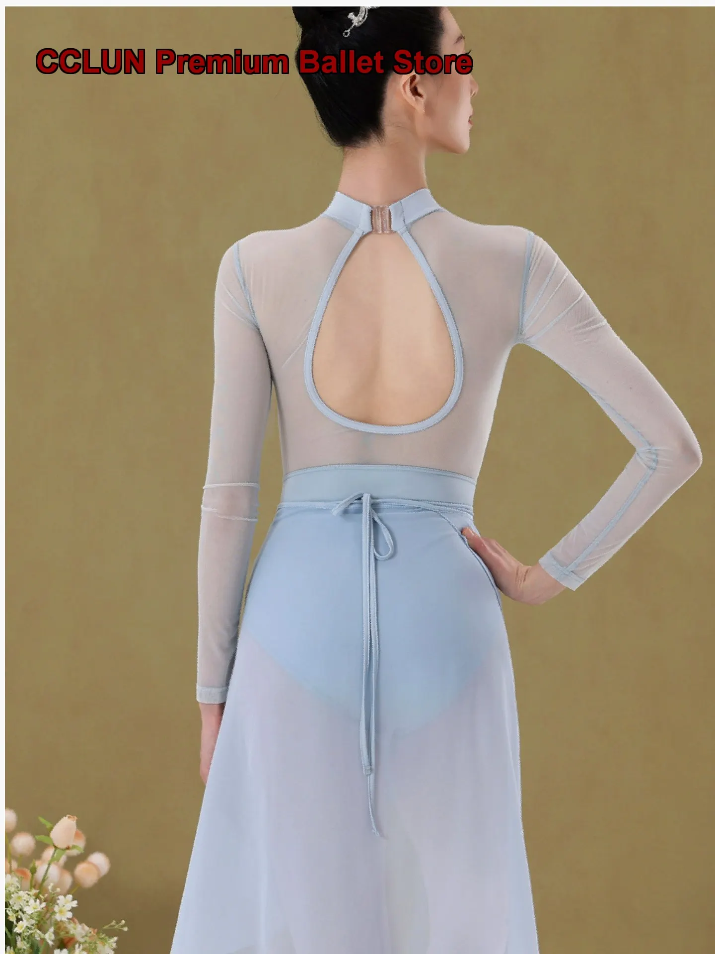 Women's Mesh Backless Long Sleeve One-Piece Dress Dance Costume Art Exam Body Suit Basic Training Gymnastics Leotard