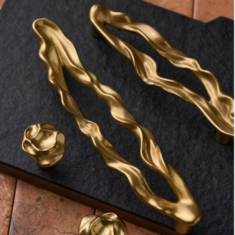 Gold Irregular Twisted Wave Cabinet Handles Pulls /Textured Brass Drawer Knobs Wardrobe Cupboard Door Furniture Hardware