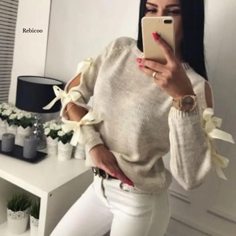 New Women Bow Hollow Out Long Sleeve Warm Sweater Pullover Knitting Bow Loose O-Neck Tops Blouse Knitwear