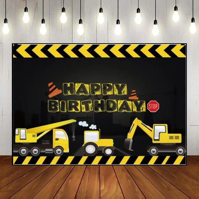 Cartoon Party Backdrop Dumper Photo Decoration Custom Concrete Mixer Photography Happy Birthday Background Dump Truck Wall