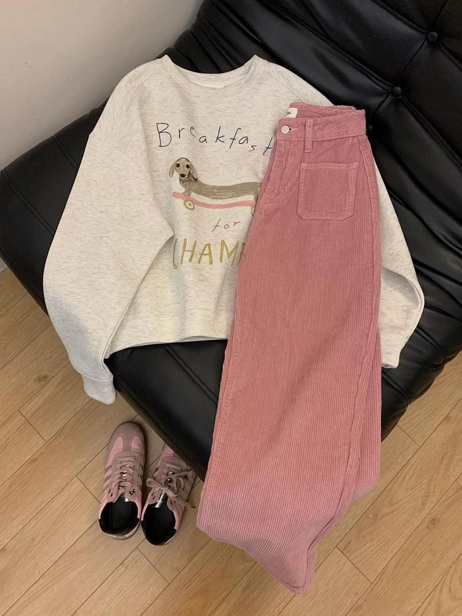 ReddaChic femmes automne hiver rose velours côtelé pantalon rétro jambe large pantalon dame décontracté taille haute solide pantalon rue Chic vêtements