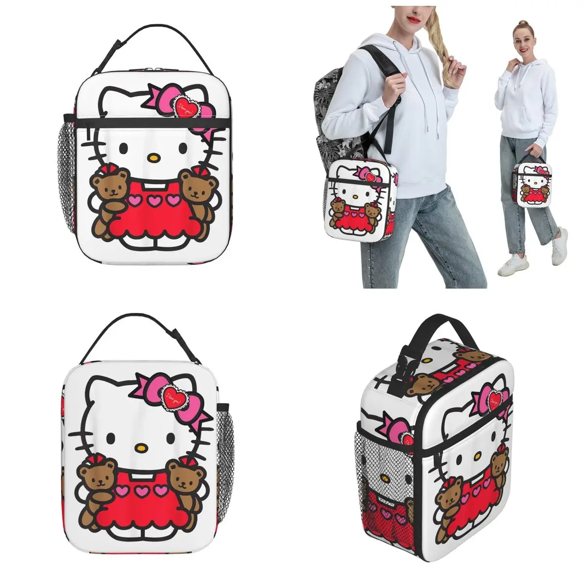 Hello Kitty Valentine Teddy Bear Insulated Lunch Bag Cooler Bag  Lunch Container Leakproof Lunch Box Tote Girl Boy Beach Picnic