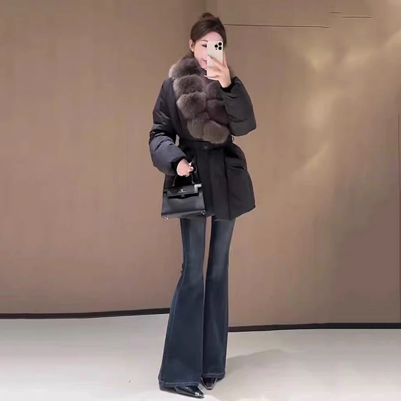 

Зимний элитный пуховик с воротником из натурального меха, женские теплые куртки с большим карманом, женские куртки на белом утином пуху с поясом, верхняя одежда