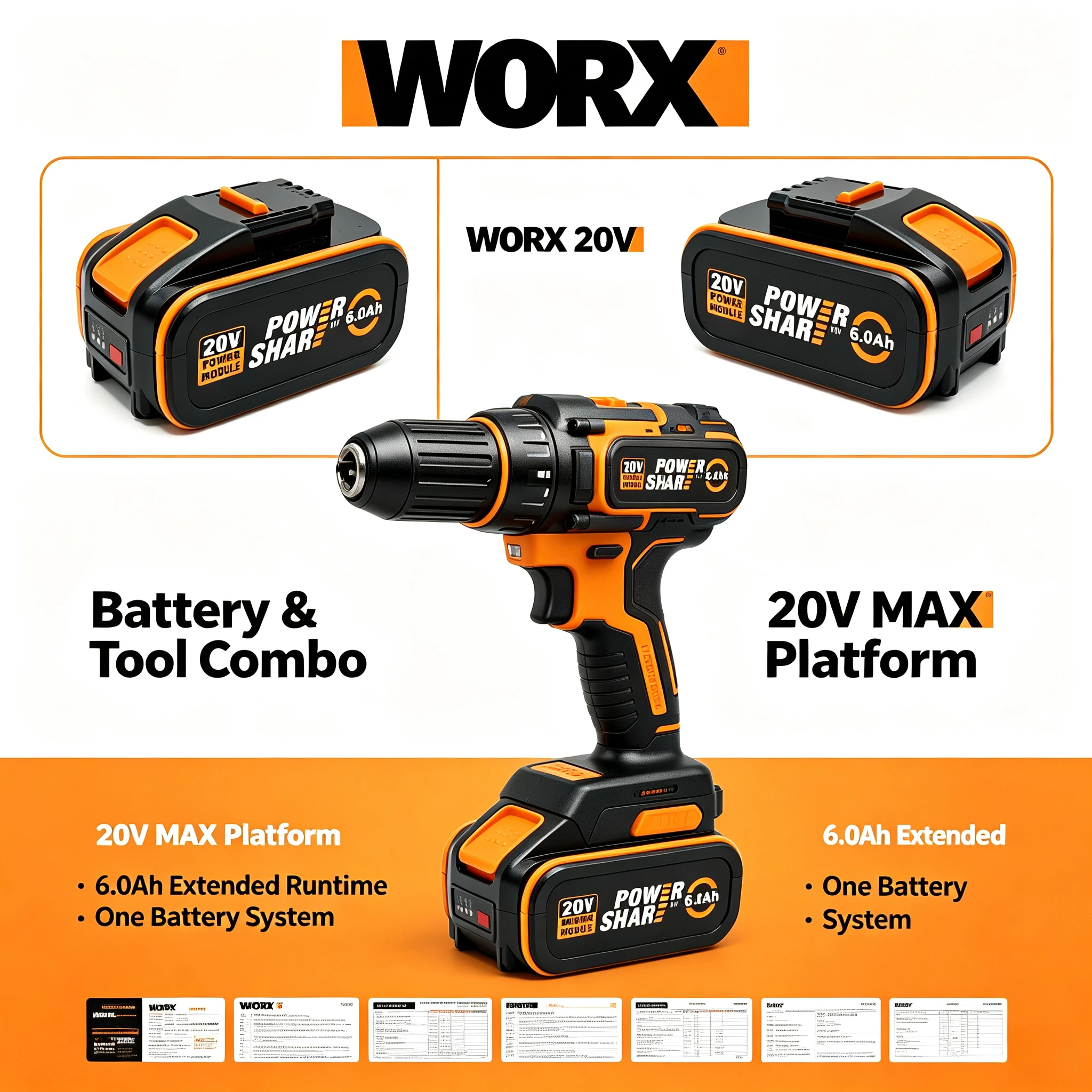 NEW WORX 20V 6.0Ah 4Pin Li-ion Battery No Memory Effect Rechargeable Battery for WORX WX390 WX176 Electric Impact Wrench Repair