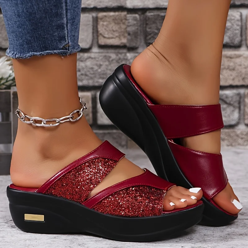 2024 New Summer High Heels Open Toe Sandals Glitter Wedges Shoes Female Casual Shoes Slingbacks Fashion Light Sandals For Woman