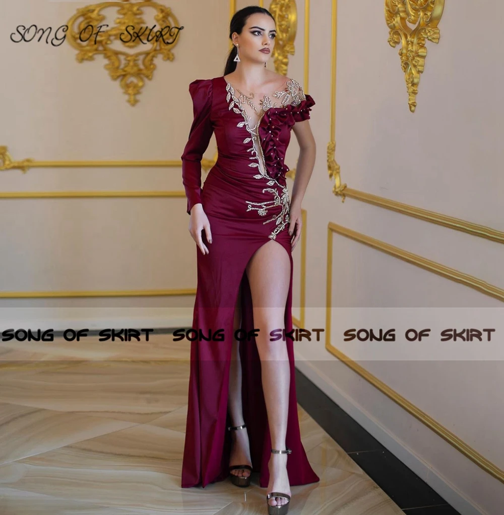 Robe De Soirée De forme sirène en Satin, tenue De Soirée De standing, style marocain, asymétrique, épaule dénudée, bourgogne, perles, magnifique