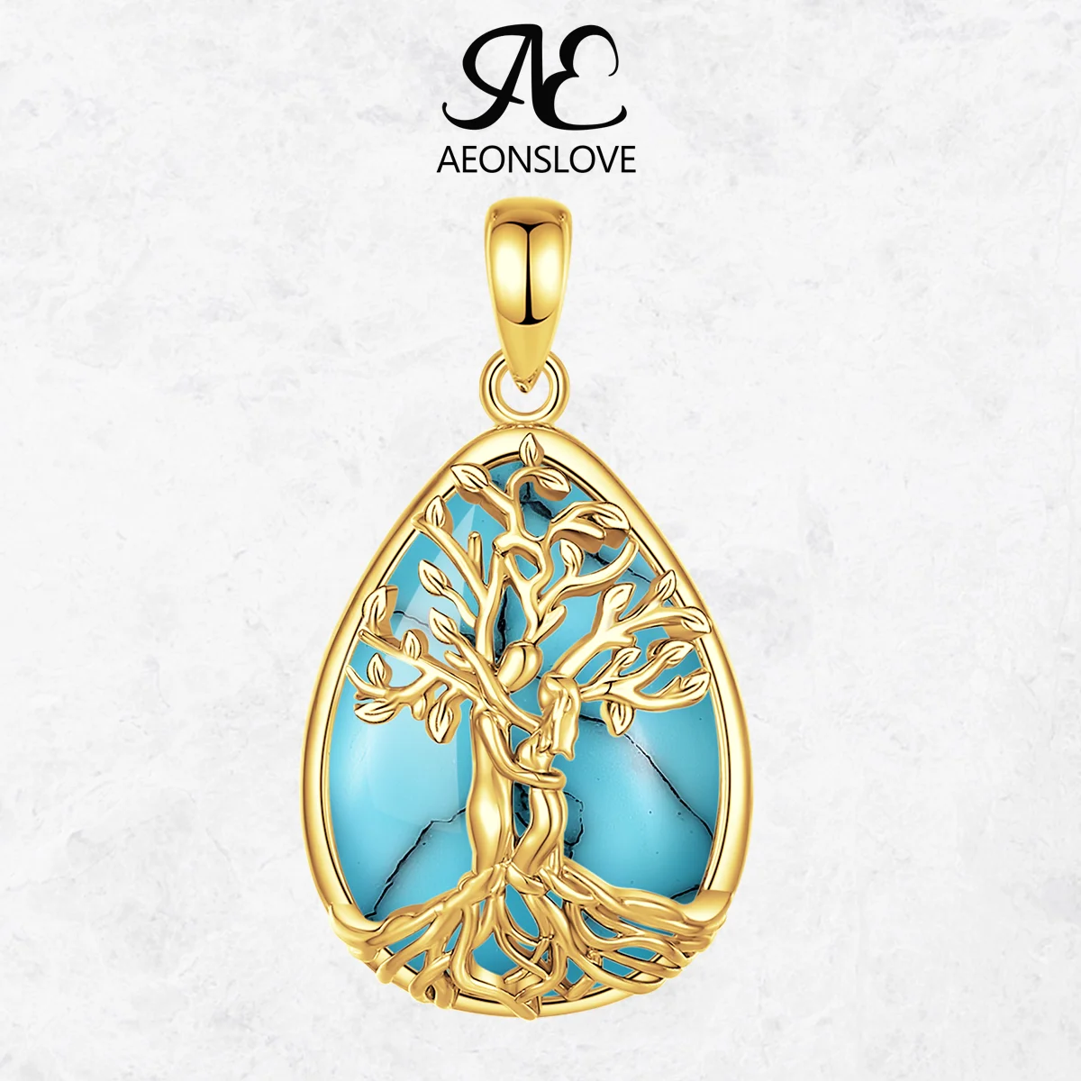 

AEONSLOVE 18-каратное позолоченное ожерелье «Древо жизни», капля, бирюзовый кулон, амулет, духовные украшения, Рождественский подарок для женщин и мужчин