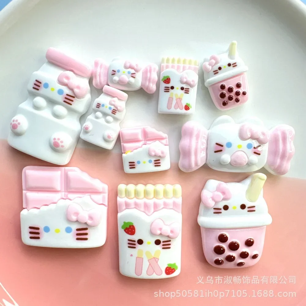 2/5pcs Hello Kitty Medium Size Powder Milk Tea Cat Cartoon Figure Miniature Diy Crafts Supplies Resin Flatback Cabochons