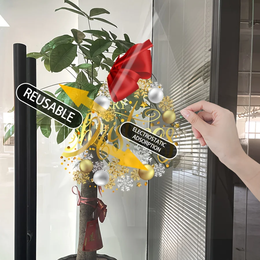 قطعة واحدة من ملصق زينة عيد الميلاد مقاس 45 سم × 60 سم، بما في ذلك القوس ورقائق الثلج وعناصر "عيد ميلاد سعيد".