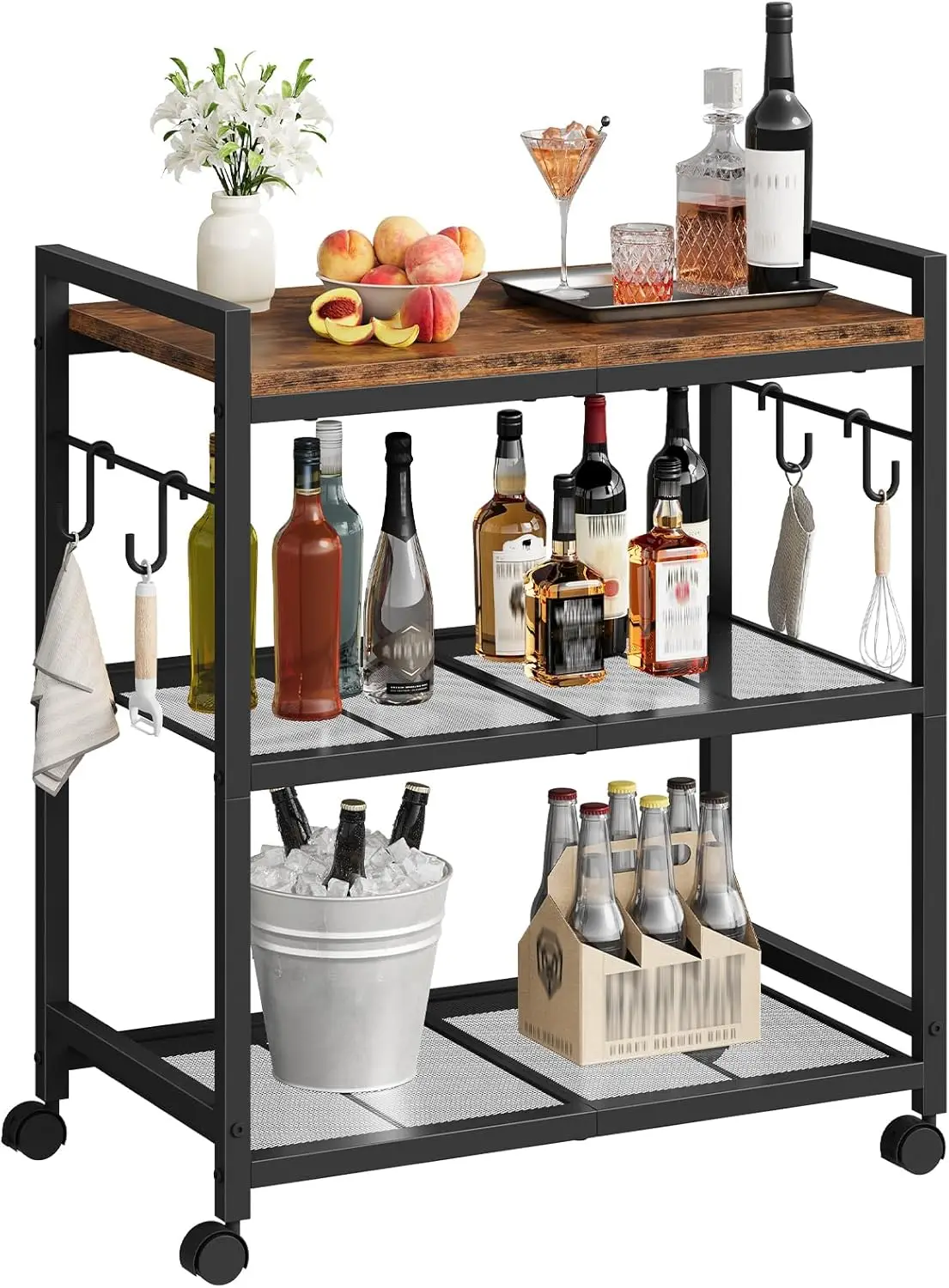 

3-Tier Rolling Bar Cart, Vintage Metal Kitchen Cart with Wheels, Mobile Storage Shelf, Rolling Microwave Stand with Mesh