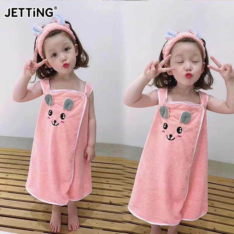 Set Rok Mandi Ikat Rambut Anak Beludru Karang Jubah Mandi Lembut dan Menyerap