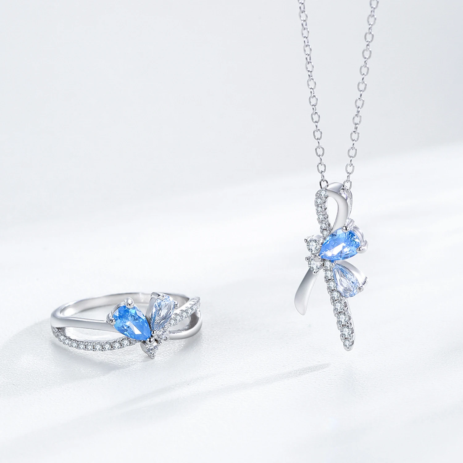 Ailmay 925 Sterling Silver Elegant Bow Pendant Necklace For Ladies Blue Water Droplet Zircon Party Jewelry Gifts