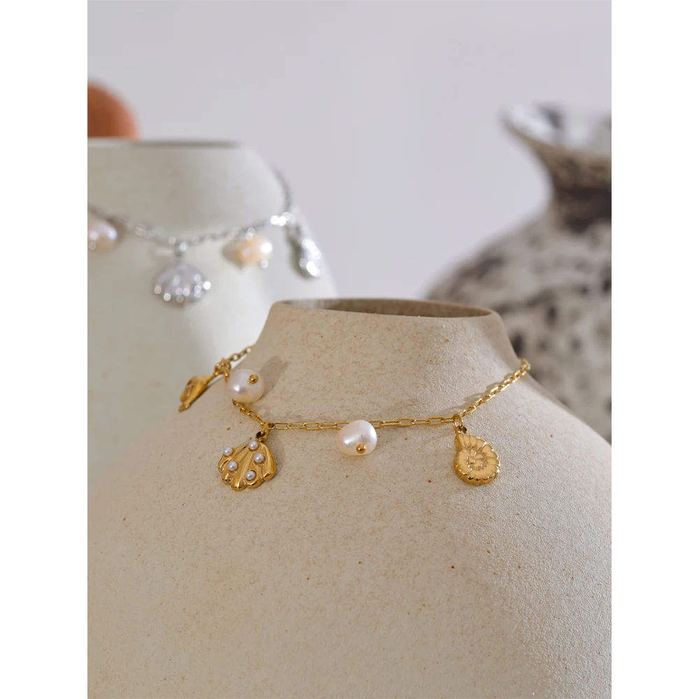 Yhpup Ocean Style Stainless Steel Shell Conch Dolphin Pearls Drop Charm Anklet Fashion Exquisite Jewelry Bijoux Femme