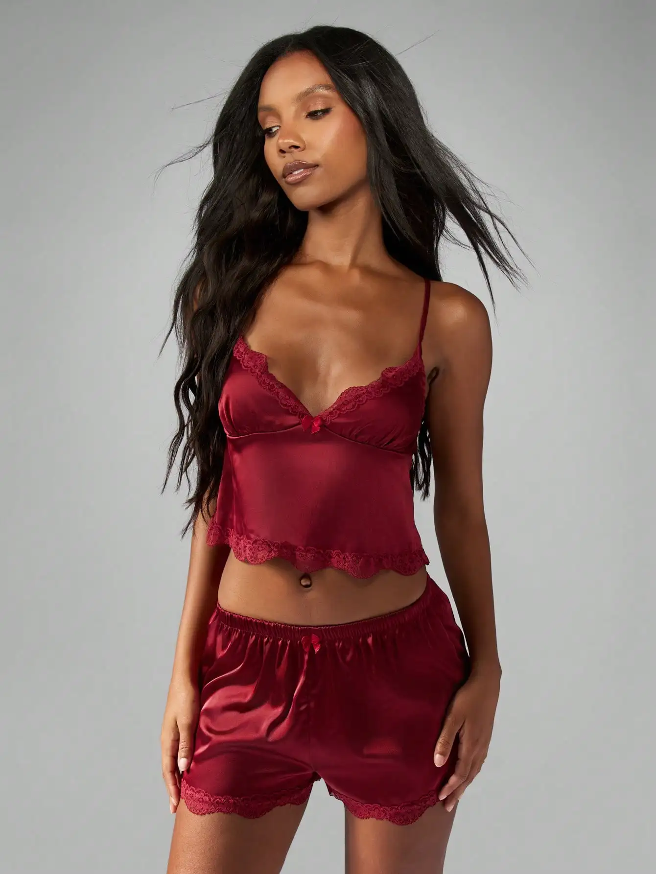 

Red Satin Lace Trim Camisole Pajama Set with Sweetheart Neckline