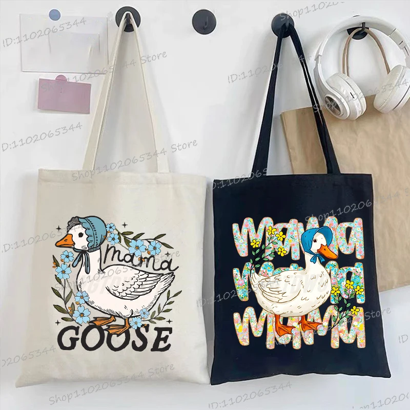 Bolsos con estampado de flores silvestres para mamá y ganso, bolso de mano de lona con regalo para el día de la madre de dibujos animados divertidos, bolso bandolera para compras reutilizable para mujer