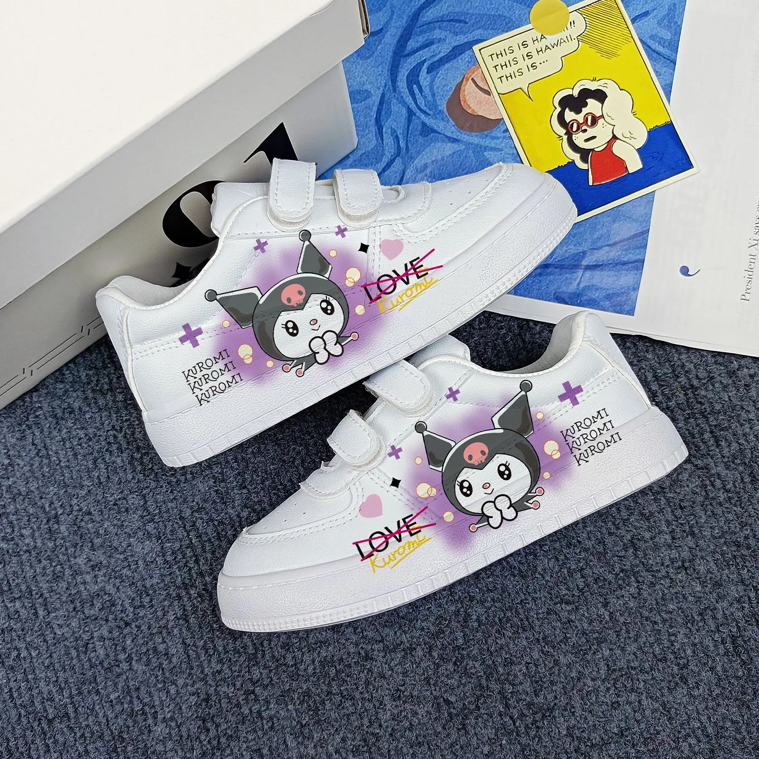 Kuromi Kids Tennis Shoes White Low Cut Board Shoes Cartoon Children Sneakers For Girls Boys Casual Print Sport Shoes Flat Middle