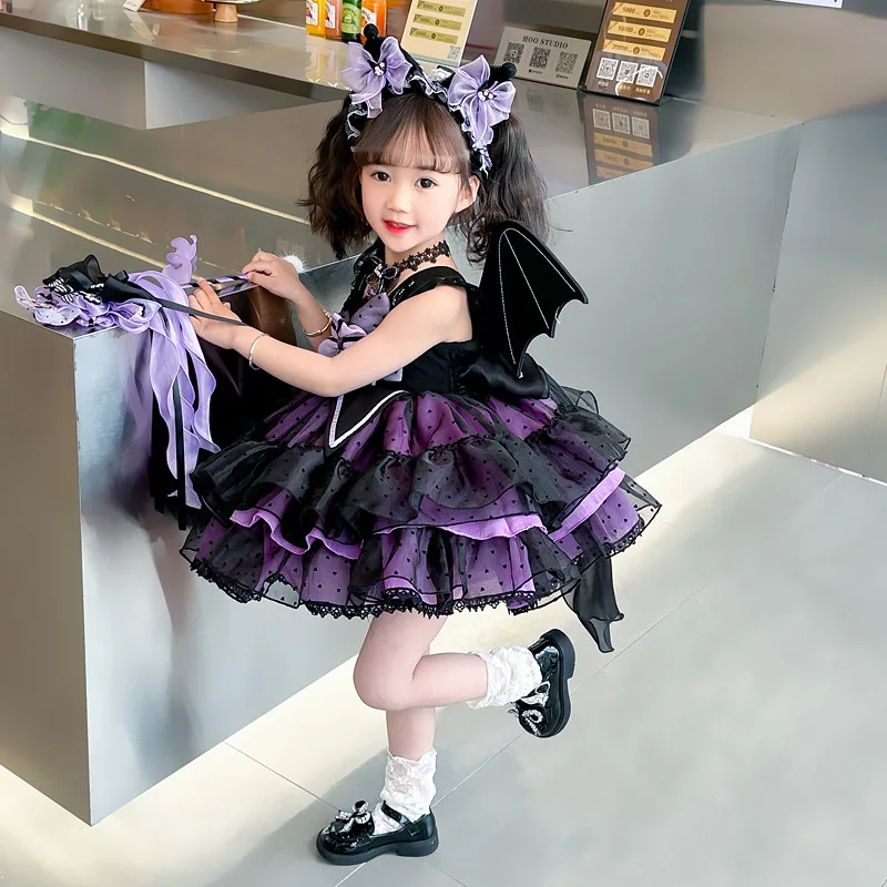 2024 Sanrio Cosplay Kuromi Lolita Princess Dress Summer Children Costume Dress Puffy Skirt Suit Cute Girl Birthday Kawaii Gifts