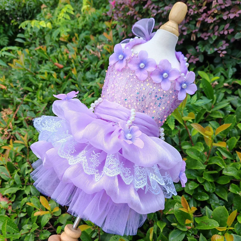 

Purple Sequin Pearl Flower Luxury Lady Style Pet Dress Maltese Terrier Puppy Version Princess Cake Dress Cat Dog High-end Custom