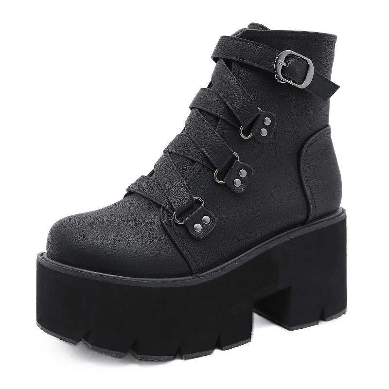 Punk Style Chunky High Heel Ankle Boots Women Cross Strap Platform Boots for Women Winter Non-slip Waterproof Warm Biker Botines