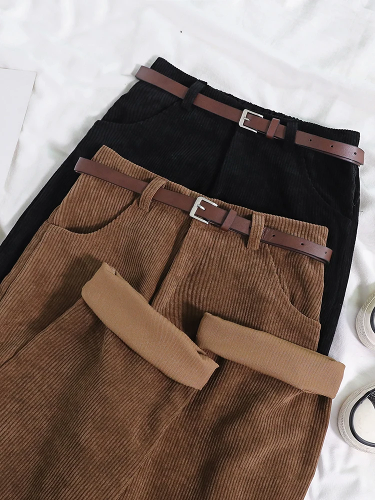 JMPRS Women Spring Corduroy Pants High Waist Autumn Vintage Korean Casual Wide Leg Pants Elegant Belt Loose Cotton Streetwear