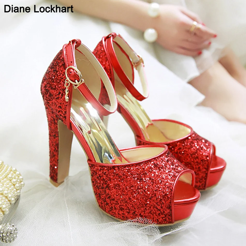 Summer New Peep Toe Shiny Sequins High Heels Women Platform Sandals Party Dress Wedding Pumps Ladies Shoes Gold Zapatos de Mujer