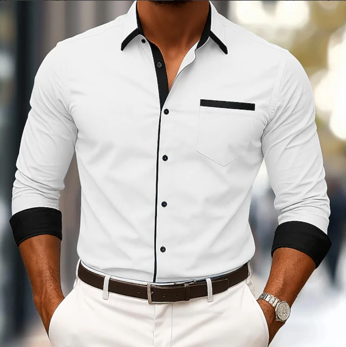 

Мужские официальные рубашки, повседневные рубашки, однотонные рубашки с воротником с цветными блоками, рубашки на пуговицах для свадьбы и отдыха, всесезонные.
