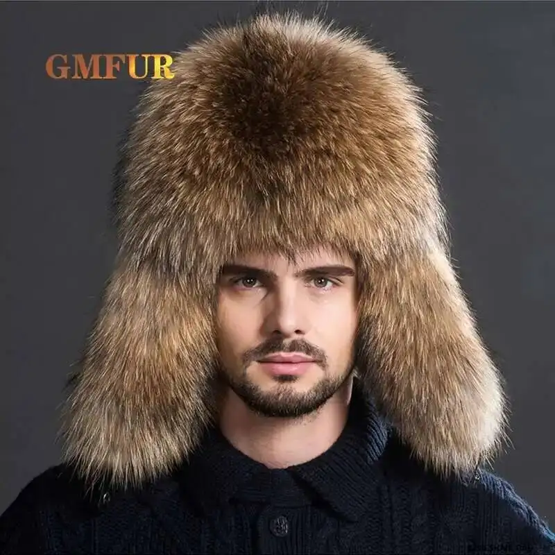 

Русские мужские шапки из натурального меха, шапка-бомбер с лисой, уличная повседневная шапка с мехом енота, серебряные шапки, Hombre, наушники, зимние шапки Leifeng